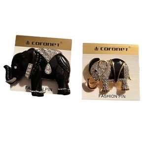 2 Vintage Elephant Brooch Pins with Rhinestones